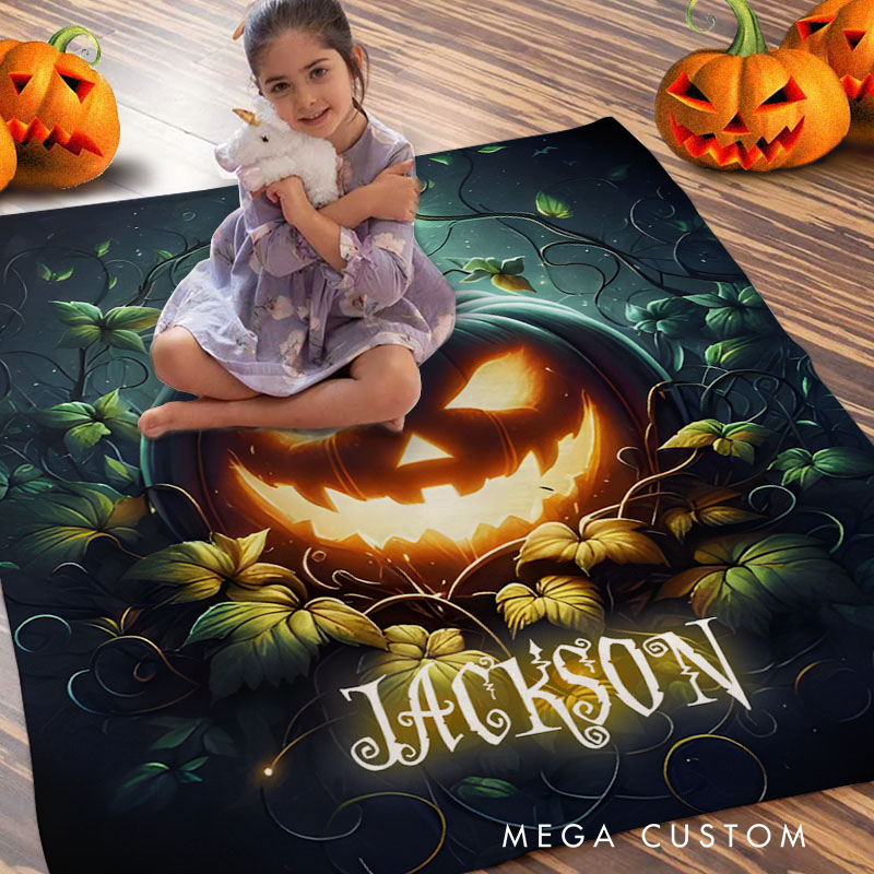 Personalized Glowing Pumpkin Scene Blanket Perfect for Eerie and Enchanting Halloween Nights