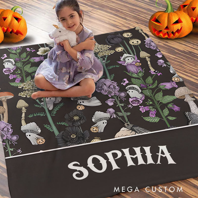 Personalized Botanical Halloween Blanket Featuring Mushrooms and Plants for Nature Inspired Decor