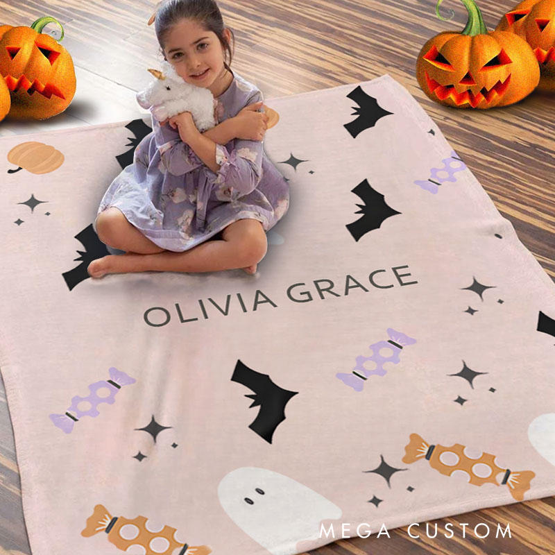 Personalized Name and Halloween Icons Blanket Great for Unique and Festive Seasonal Celebrations
