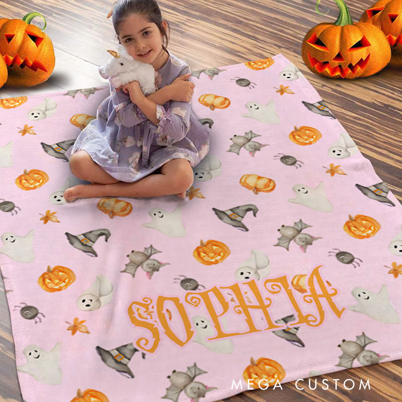 Personalized Ghost Pumpkin and Bat Pattern Blanket Perfect for Fun and Festive Halloween Celebrations