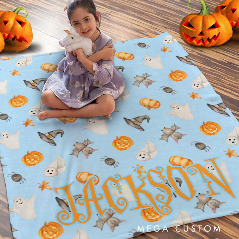Personalized Playful Halloween Icons Blanket Featuring Pumpkins Ghosts