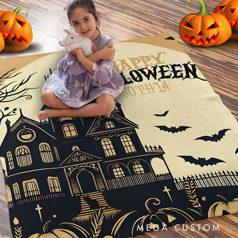 Personalized Haunted House Scene Blanket Great for Spooky and Festive Halloween Home Decorations