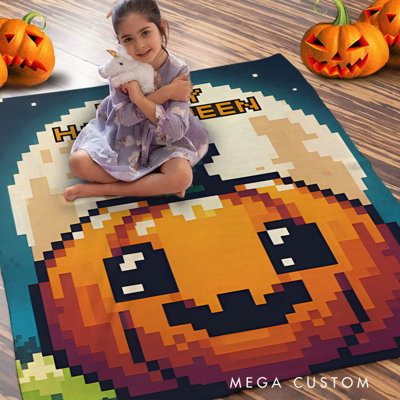 Personalized Pixel Pumpkin Blanket Great for Adding Retro Charm to Your Halloween Decorations