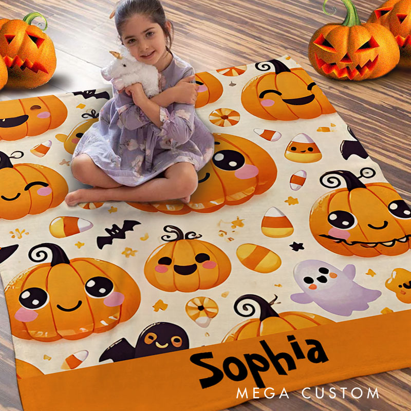 Personalized Cute Pumpkin Faces Blanket Perfect for Fun and Whimsical Halloween Celebrations