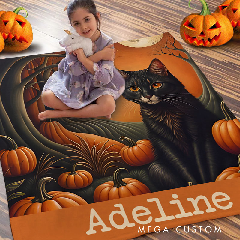Personalized Black Cat and Pumpkin Blanket Ideal for Animal Lovers and Spooky Halloween Nights