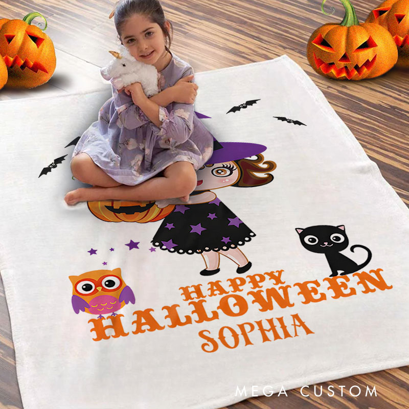 Personalized Cute Witch and Pumpkin Blanket Perfect for Playful and Festive Halloween Home Decorations
