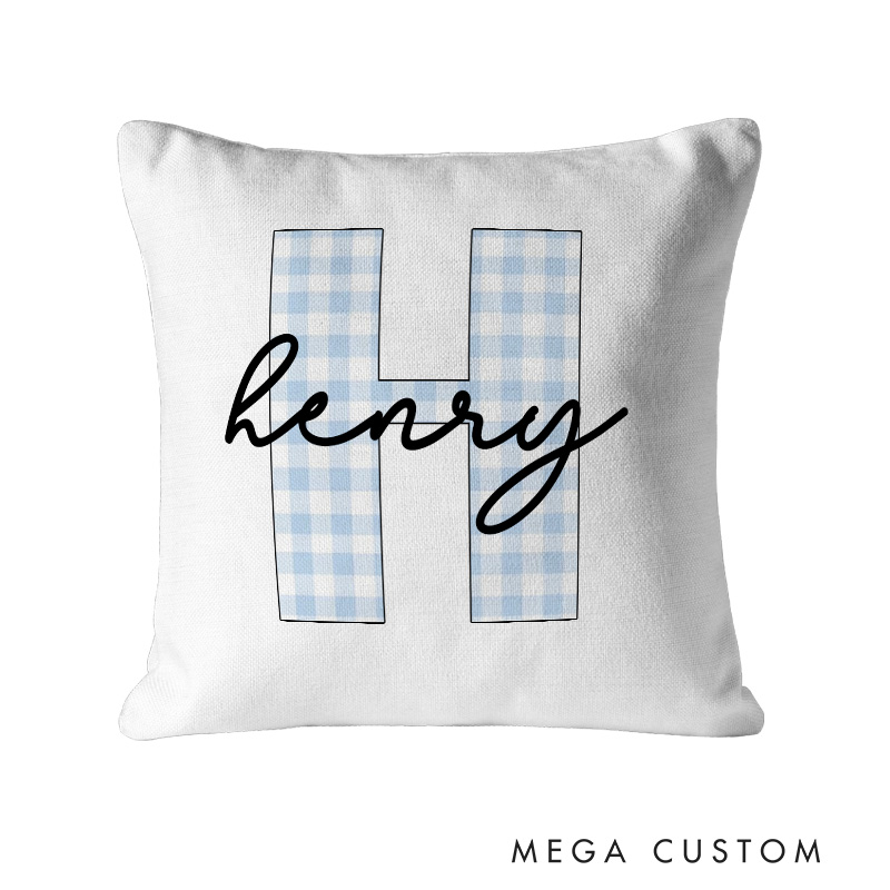 Personalized Blue Gingham Initial Name Pillow with a Charming Classic Style