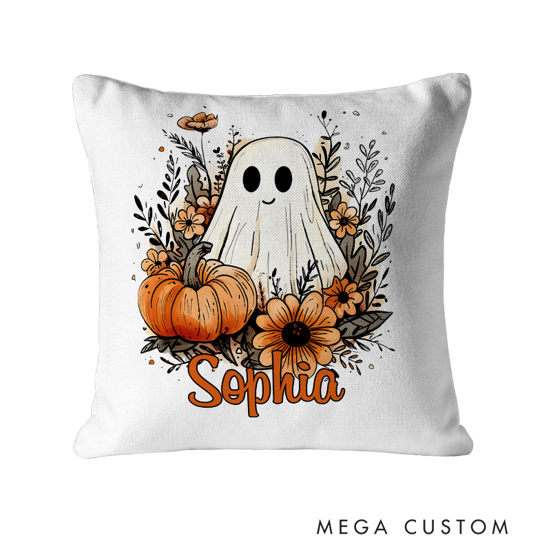 Personalized Ghostly Autumn Name Pillow with Pumpkins and Halloween Vibes