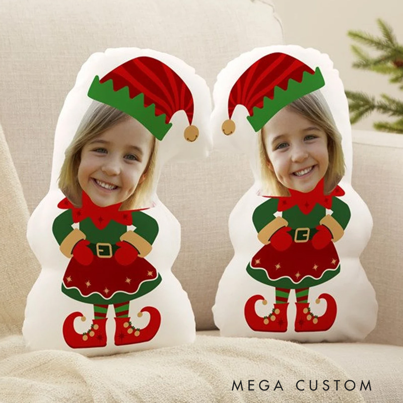 Personalized Christmas Elf Pillow Featuring a Festive Red and Green Elf Design with a Custom Face Pillows