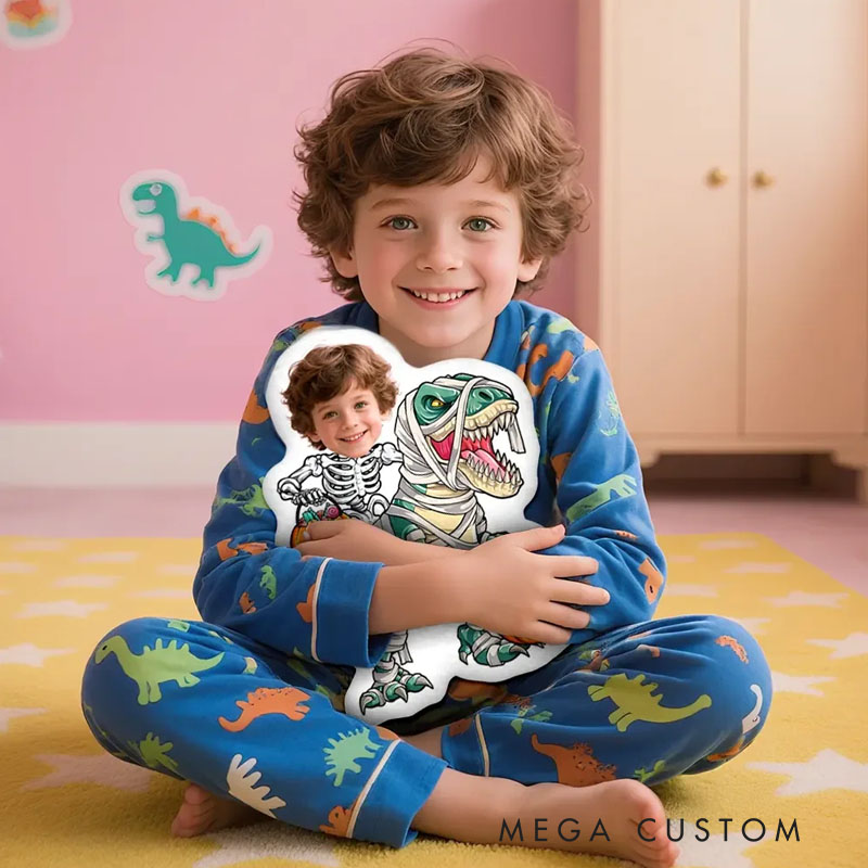 Personalized Mummy Dino Pillows Thrilling Halloween Adventure with Custom Photo and Playful Skeleton Costume