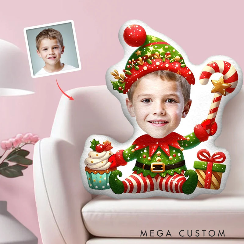 Personalized Festive Elf Pillows Joyful Holiday Cheer with Custom Photo and Colorful Elf Costume