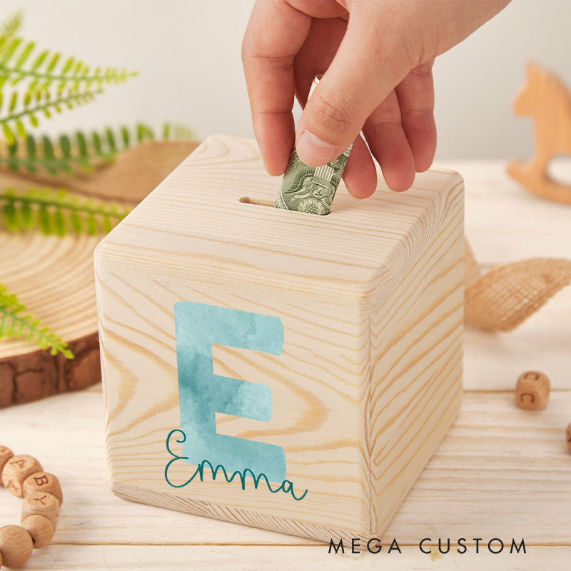 Personalized Initial Piggy Bank Charming Letter Style with Custom Name and Elegant Wood Finish