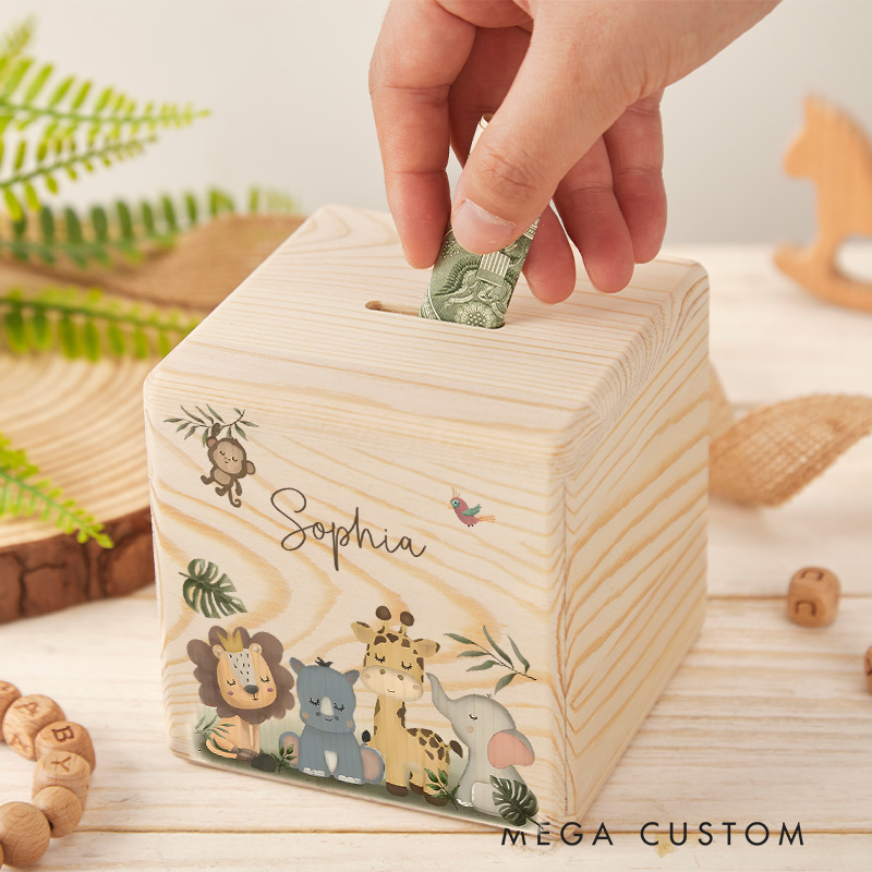 Personalized Kids Name Piggy Bank Adorable Animal Friends with Custom Name and Jungle Vibes