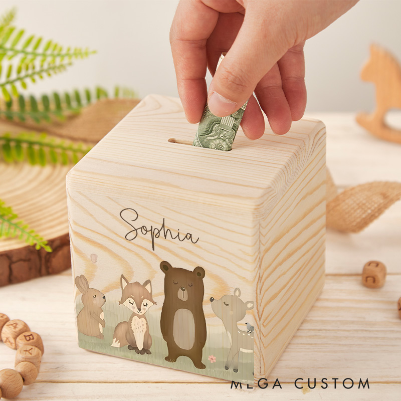 Personalized Woodland Piggy Bank Cute Forest Creatures with Custom Name and Nature Charm