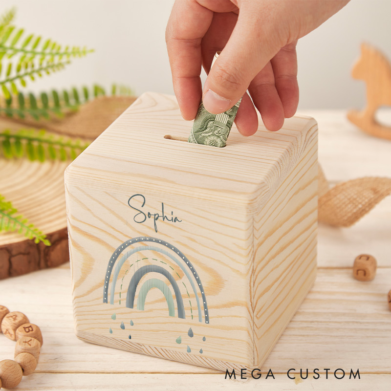 Personalized Rainbow Piggy Bank Colorful Dreams with Custom Name and Whimsical Rainbow Art