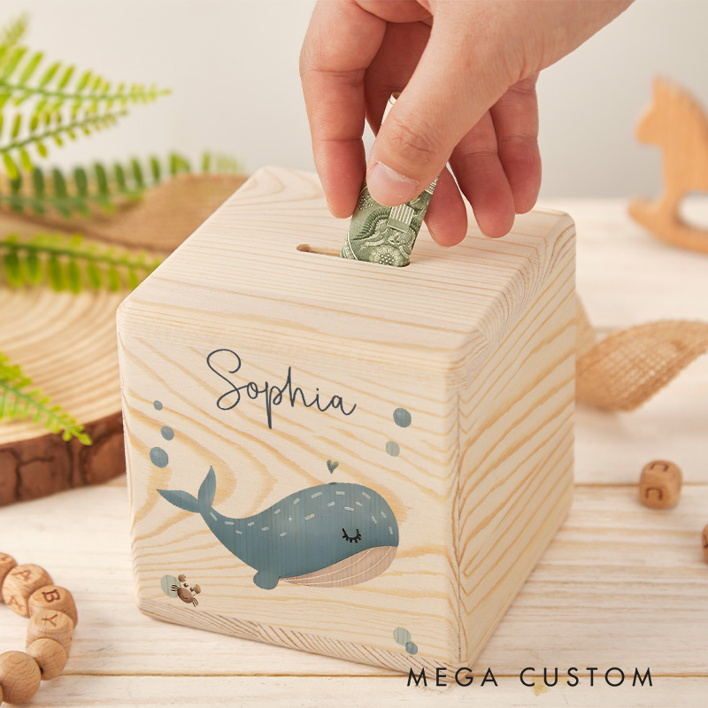 Personalized Whale Piggy Bank Oceanic Delight with Custom Name and Playful Whale Motif
