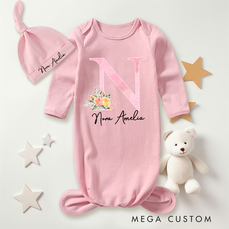 Personalized Soft Pink Floral Initial with Delicate Name Typography Baby Gowns