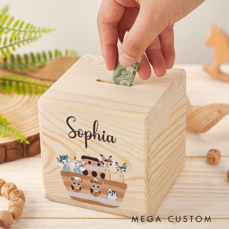 Personalized Noah's Ark Piggy Bank Delightful Animal Pairs with Custom Name and Charming Ark Scene
