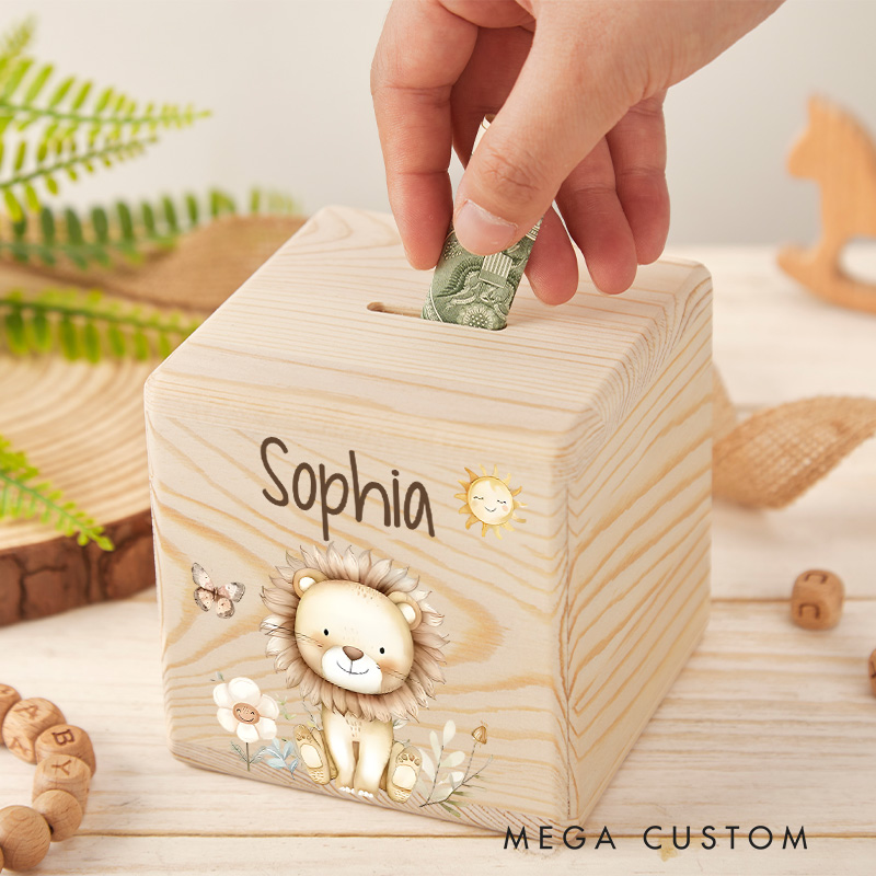 Personalized Lion Piggy Bank Majestic Safari King with Custom Name and Adorable Lion Illustration