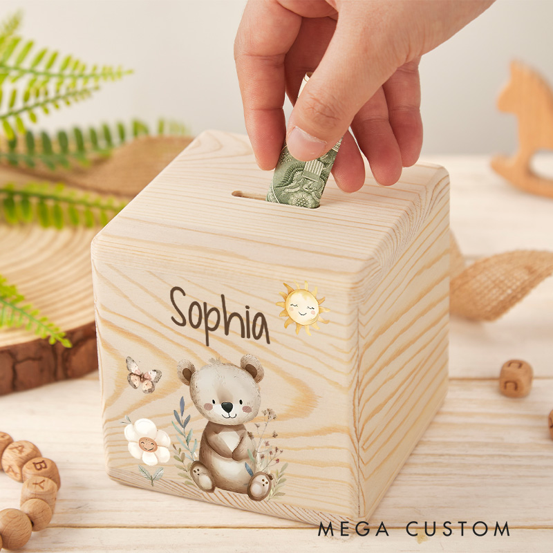 Personalized Bear Piggy Bank Cozy Woodland Friend with Custom Name and Cute Bear Design