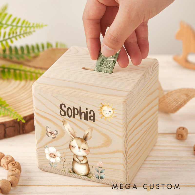 Personalized Bunny Piggy Bank Sweet Garden Companion with Custom Name and Charming Bunny Art