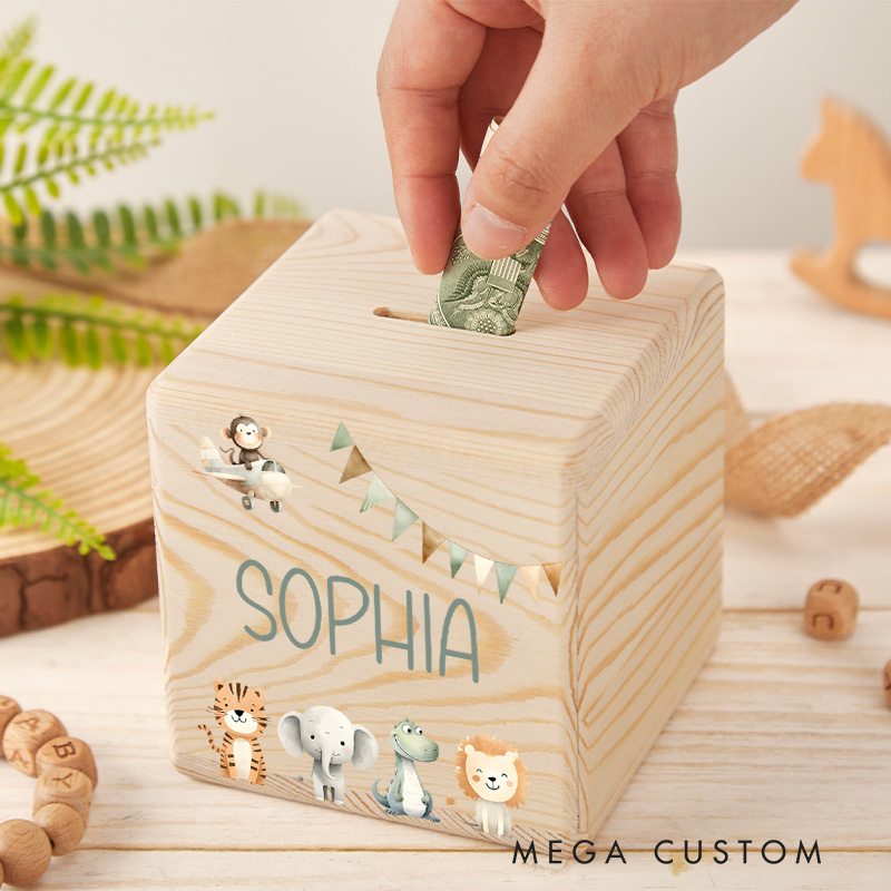 Personalized Animals Piggy Bank Joyful Jungle Friends with Custom Name and Playful Animal Parade