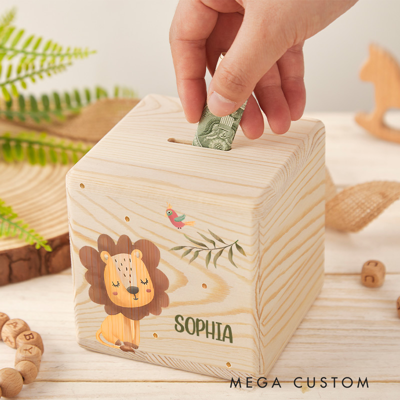 Personalized Lion Piggy Bank Jungle Majesty with Custom Name and Colorful Lion Illustration