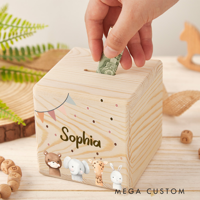 Personalized Animal Friends Piggy Bank Delightful Companions with Custom Name and Cute Animal Design