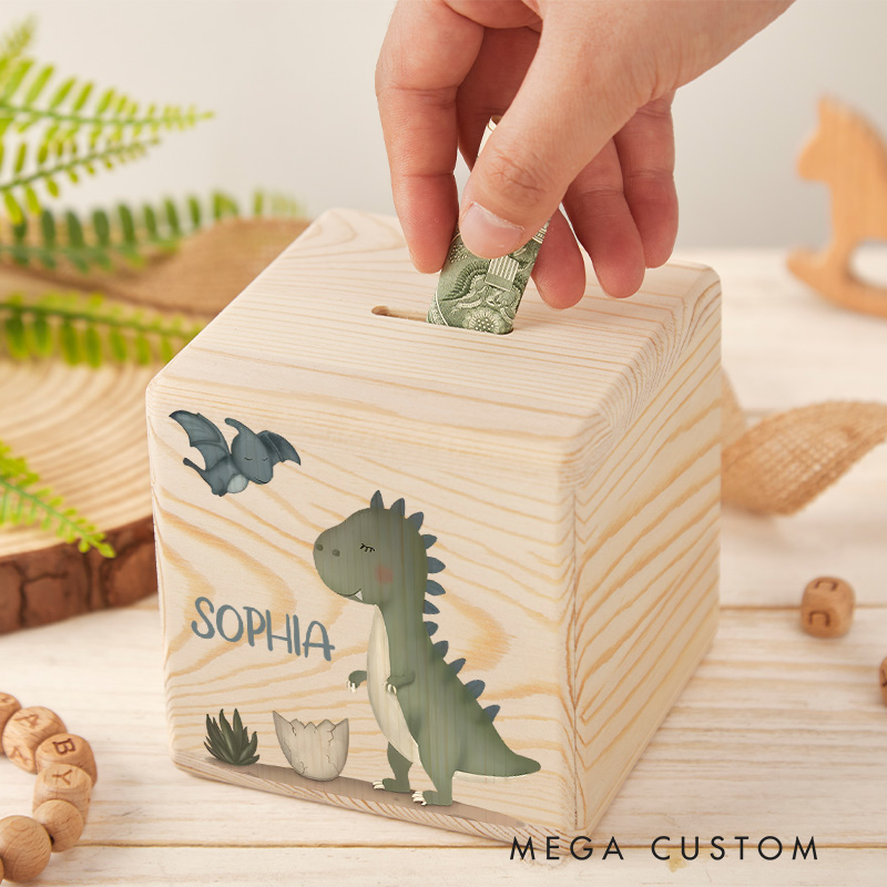 Personalized Dinosaur Piggy Bank Prehistoric Adventure with Custom Name and Playful Dinosaur Art