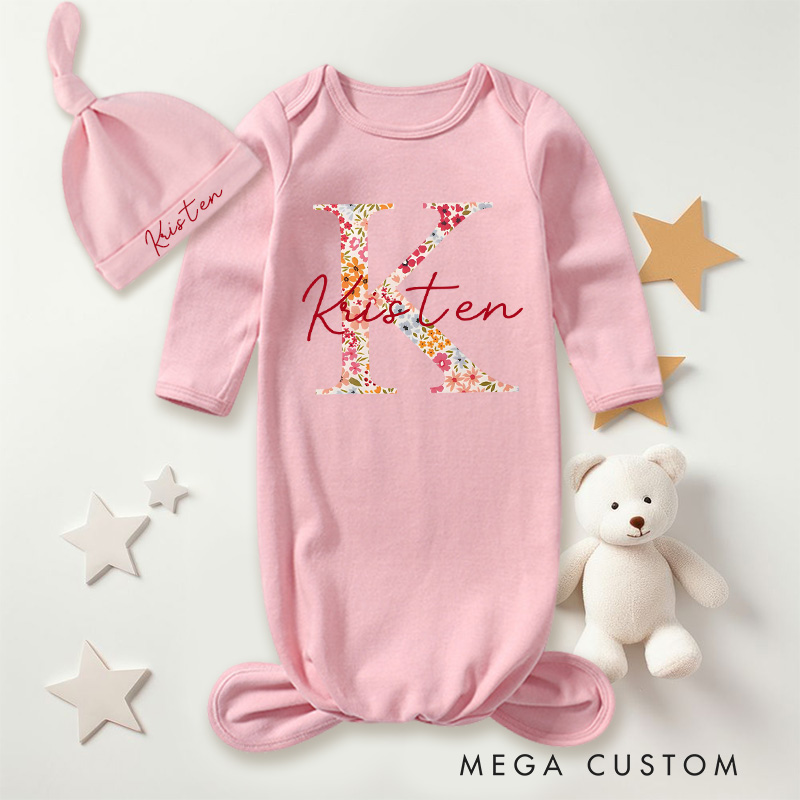 Personalized Floral Initial with Elegant Red Script Name for Babies Baby Gowns
