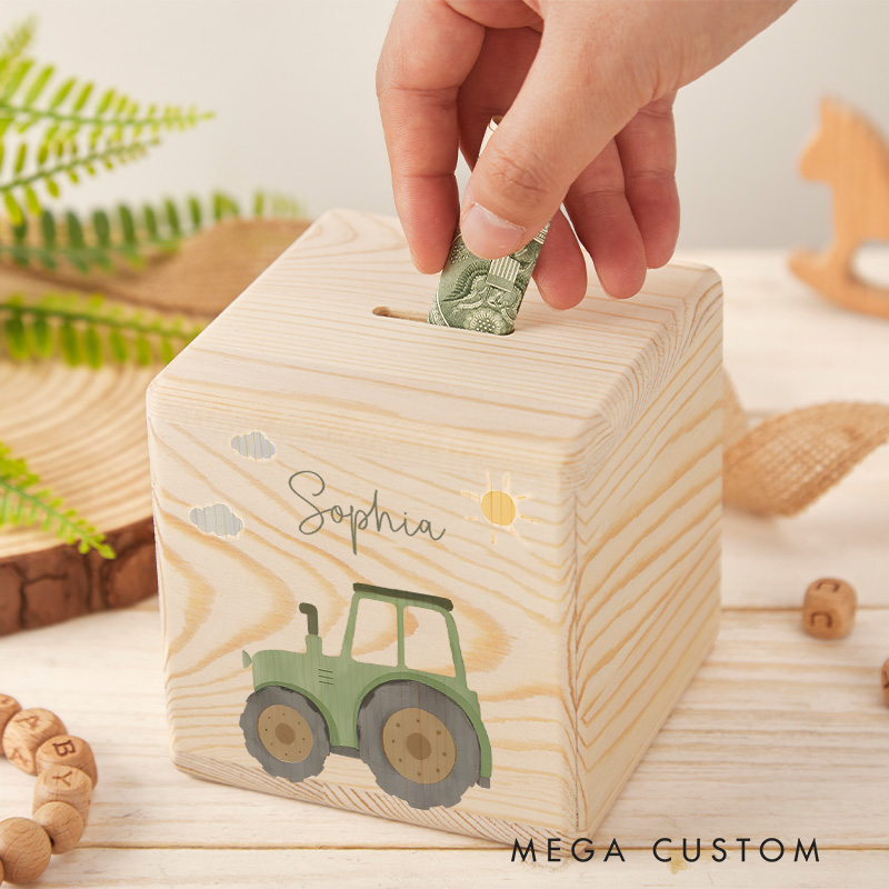 Personalized Tractor Piggy Bank Farm Fun with Custom Name and Charming Tractor Illustration