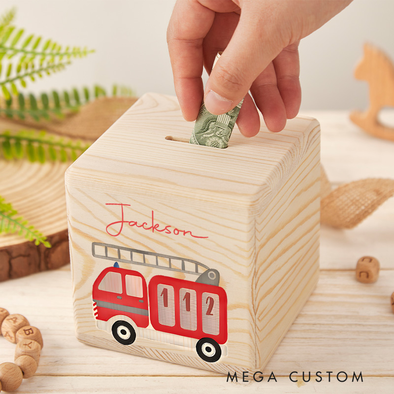 Personalized Fire Truck Piggy Bank Rescue Adventure with Custom Name and Bold Fire Truck Design