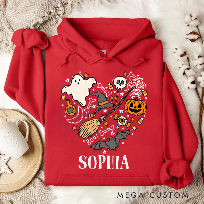 Personalized Enchanting Halloween Heart Collage with Ghosts and Pumpkins for Festive Hoodies