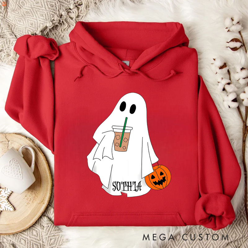 Personalized Ghost Enjoying Coffee Illustration for Cozy and Playful Autumn Hoodies