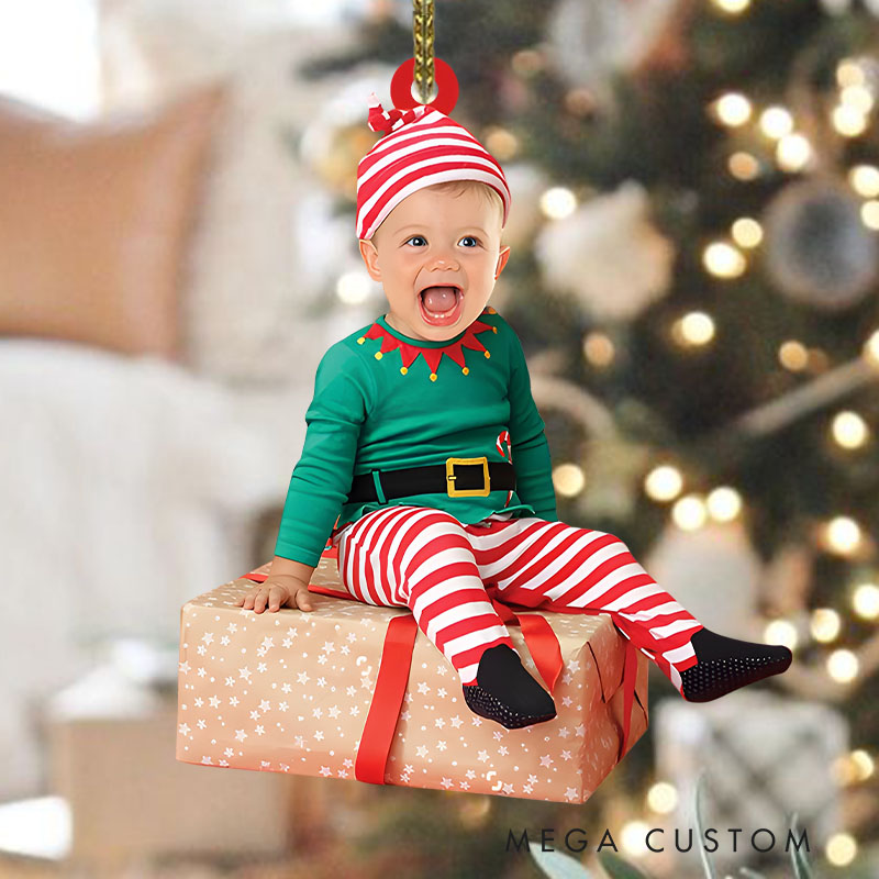 Personalized Adorable Baby Photo in Green and Red Outfit Perfect for Christmas Celebration Christmas Ornaments
