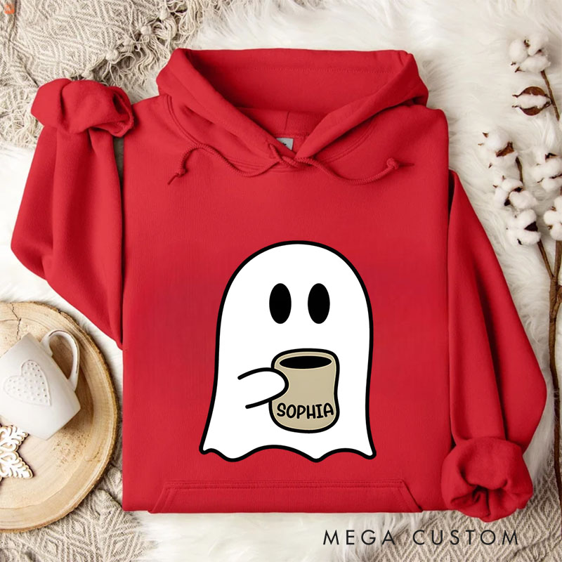 Personalized Coffee Loving Ghost Illustration for Relaxed and Cozy Autumn Hoodies