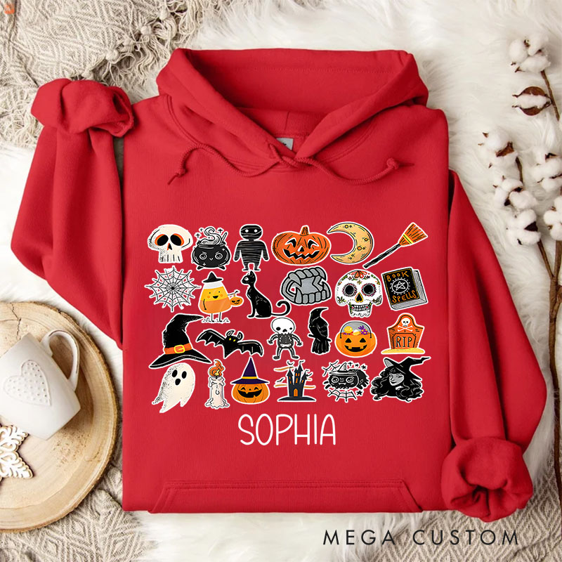 Personalized Halloween Icon Collage with Ghosts and Pumpkins for Festive Hoodies