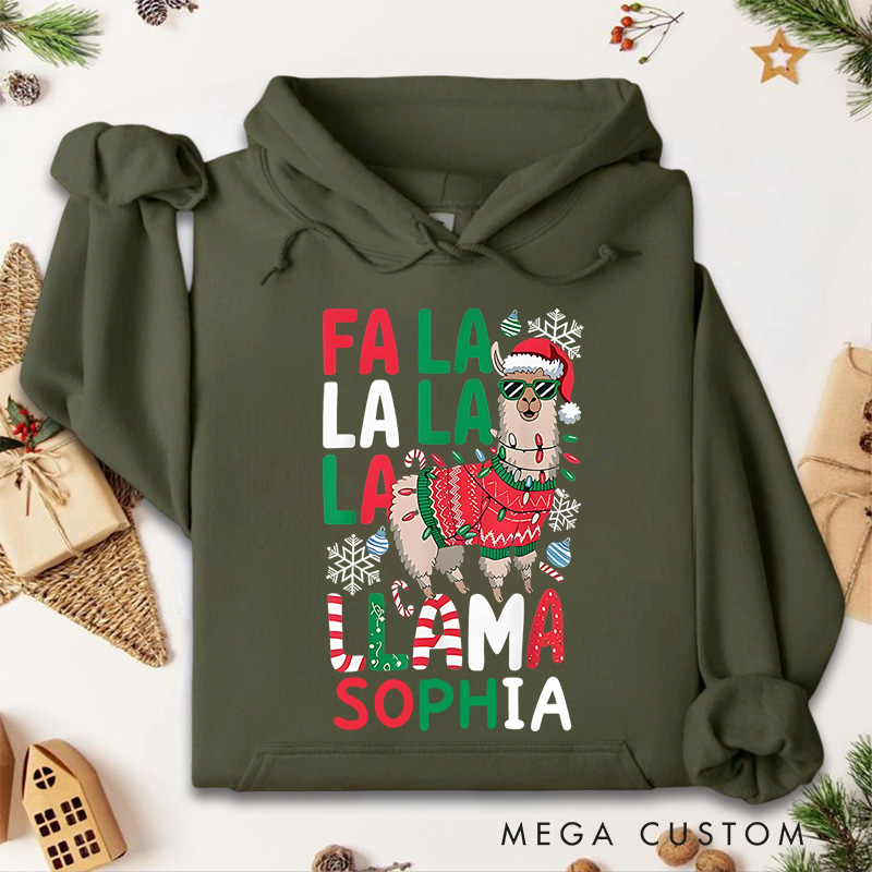 Personalized Fa La La Llama with Santa Hat and Scarf Christmas Hoodies