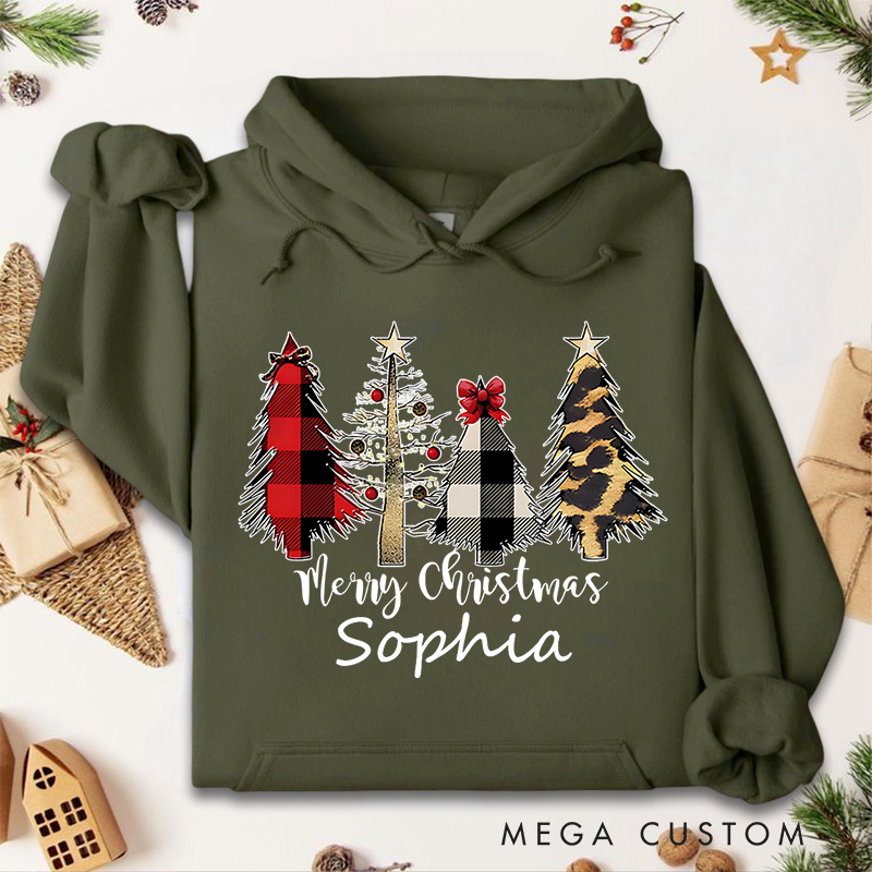 Personalized Plaid and Animal Print Christmas Trees with Bow Christmas Hoodies