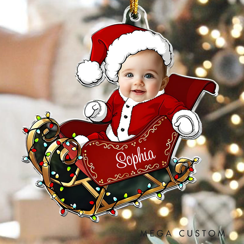 Personalized Adorable Baby Photo Santa in Sleigh with Lights for Christmas Memories Christmas Ornaments