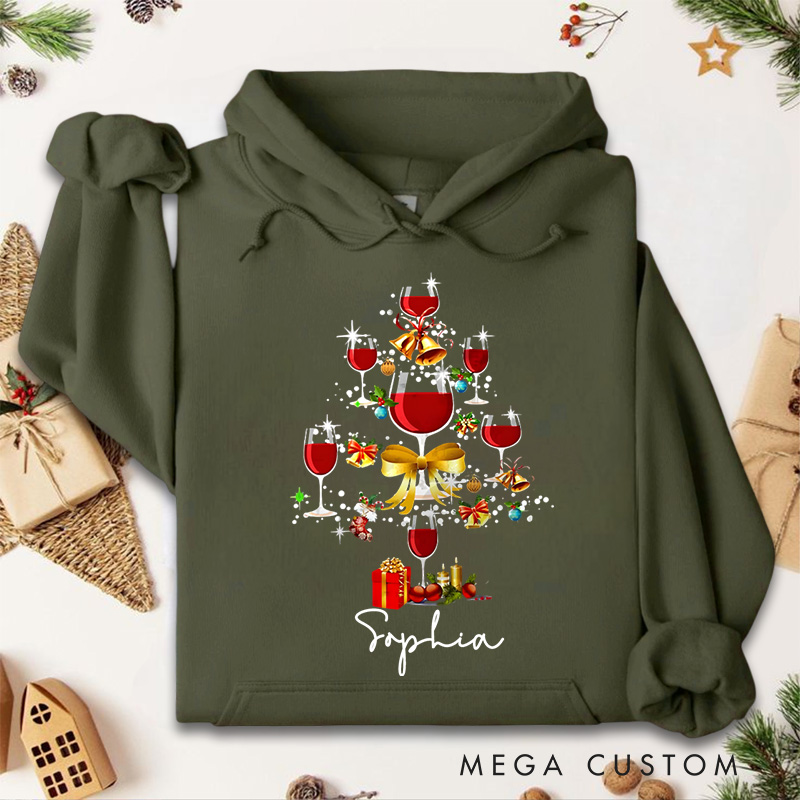 Personalized Wine Glass Christmas Tree with Ornaments and Gifts Christmas Hoodies
