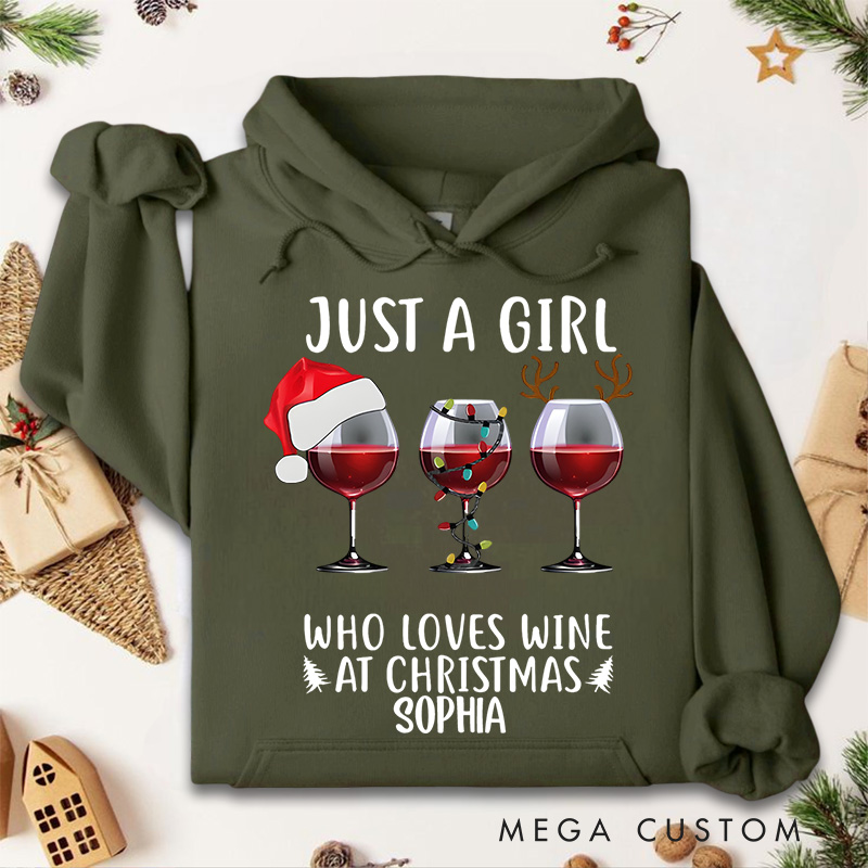 Personalized Just a Girl Who Loves Wine with Santa Hats and Glasses Christmas Hoodies