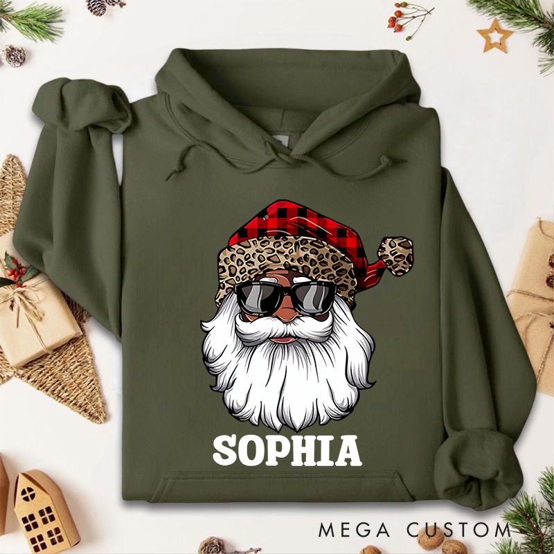 Personalized Santa with Plaid and Leopard Print Hat Christmas Hoodies