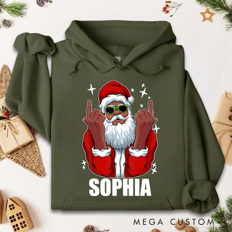Personalized Cool Santa with Sunglasses and Rock Hand Gesture Christmas Hoodies