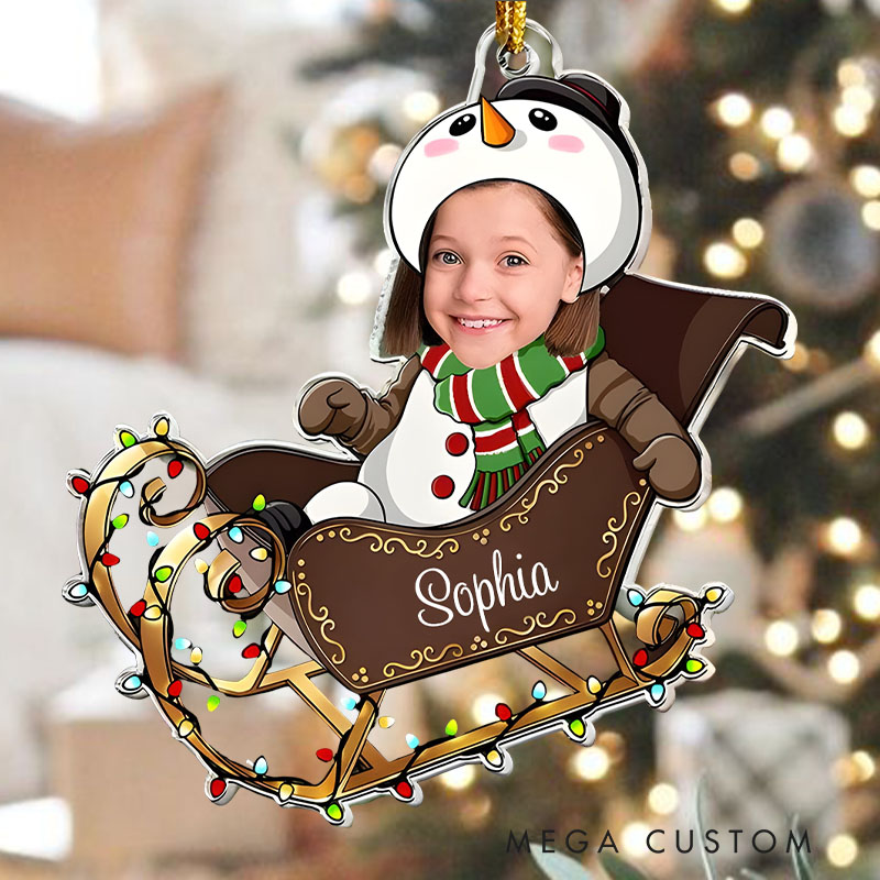 Personalized Baby Photo in Snowman Outfit Riding a Festive Sleigh with Holiday Lights Christmas Ornaments