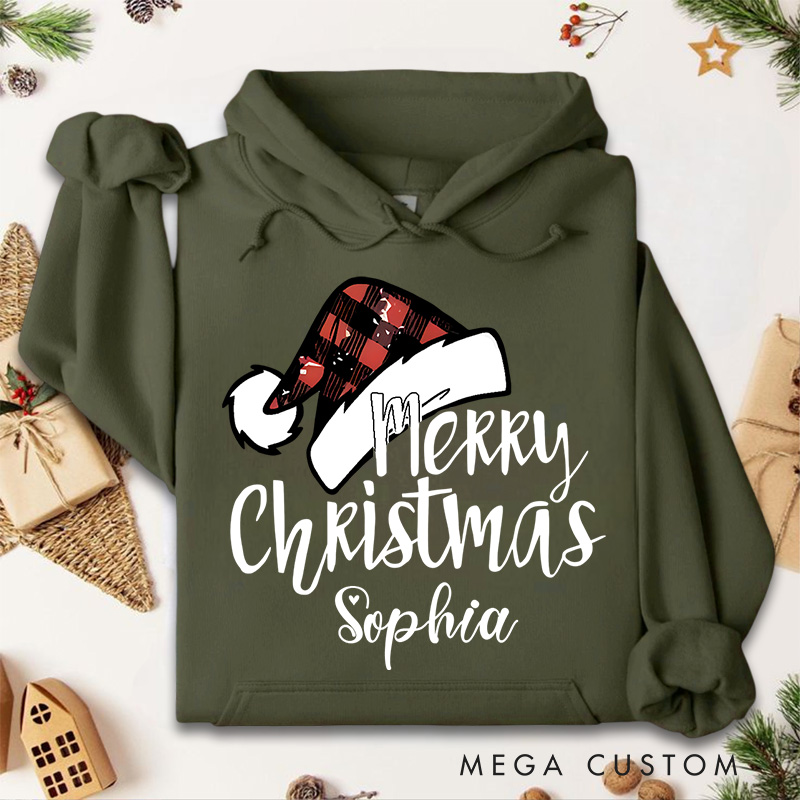 Personalized Merry Christmas with Buffalo Plaid Santa Hat Christmas Hoodies