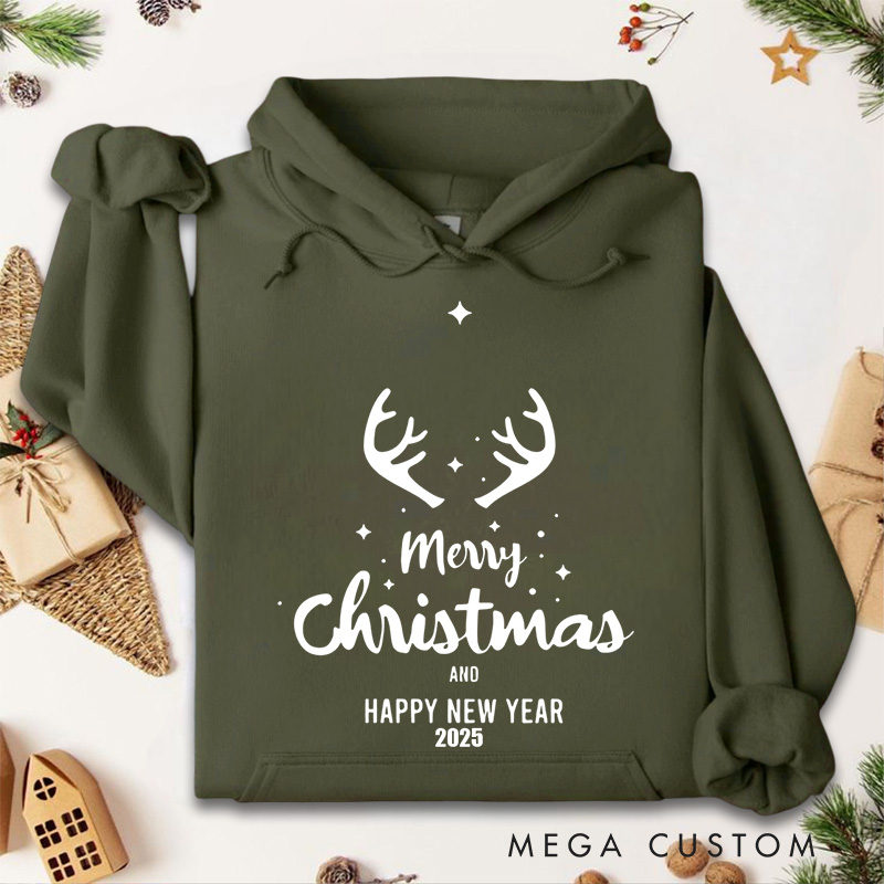 Personalized Merry Christmas and Happy New Year with Reindeer Antlers Christmas Hoodies