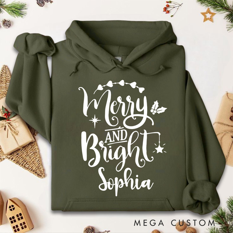 Personalized Merry and Bright with Holly and Festive Accents Christmas Hoodies