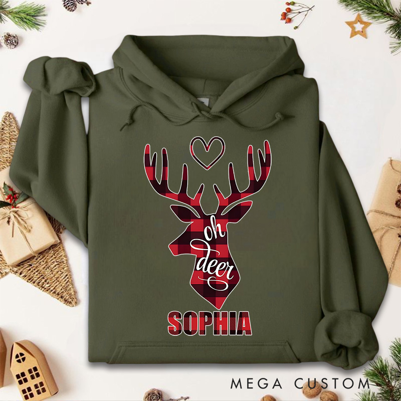 Personalized Oh Deer with Red Reindeer and Heart Christmas Hoodies