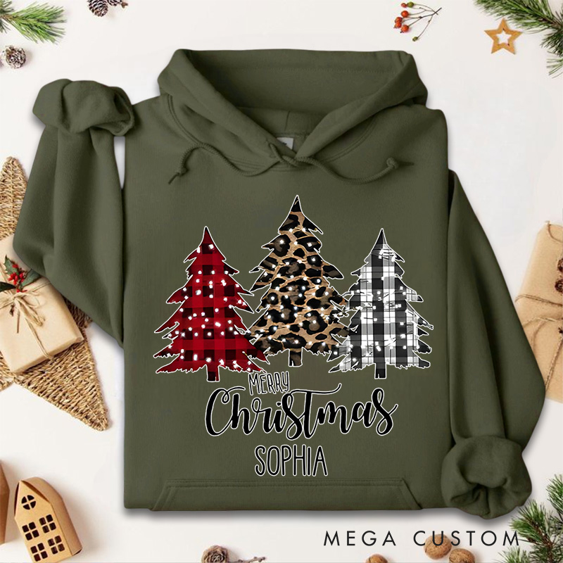 Personalized Red Plaid and Animal Print Christmas Trees Christmas Hoodies